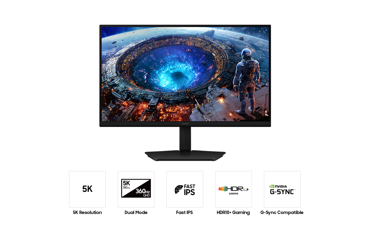 Vorderseite des Samsung Odyssey G8. Fünf Symbole für Funktionen wie 5K-Auflösung, Dual-Modus, Fast IPS, HDR10+ Gaming und G-Sync-Kompatibilität.