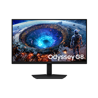 Vorderseite des Samsung Odyssey G8. Auf dem Bildschirm ist eine Figur zu sehen, die auf das Portal blickt.