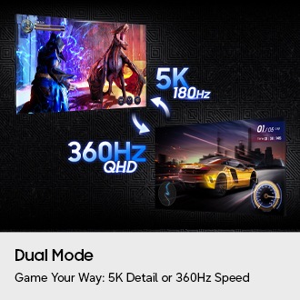 Dual-Modus. Spiele ganz nach deinem Geschmack: 5K-Auflösung oder 360-Hz-Bildwiederholfrequenz. Auf zwei Bildschirmen werden unterschiedliche Spiele angezeigt. Ein Spiel wird mit 5K und 180 Hz dargestellt, das andere mit QHD und 360 Hz.