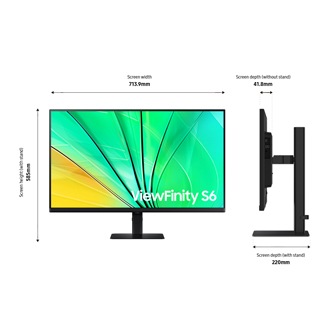 Abmessung des 32-inch Samsung ViewFinity S60D (713,9 x 585 x 220 mm) mit schwarzem Standfuss und einer Bildschirmtiefe von 41,8 mm ohne Standfuss. 