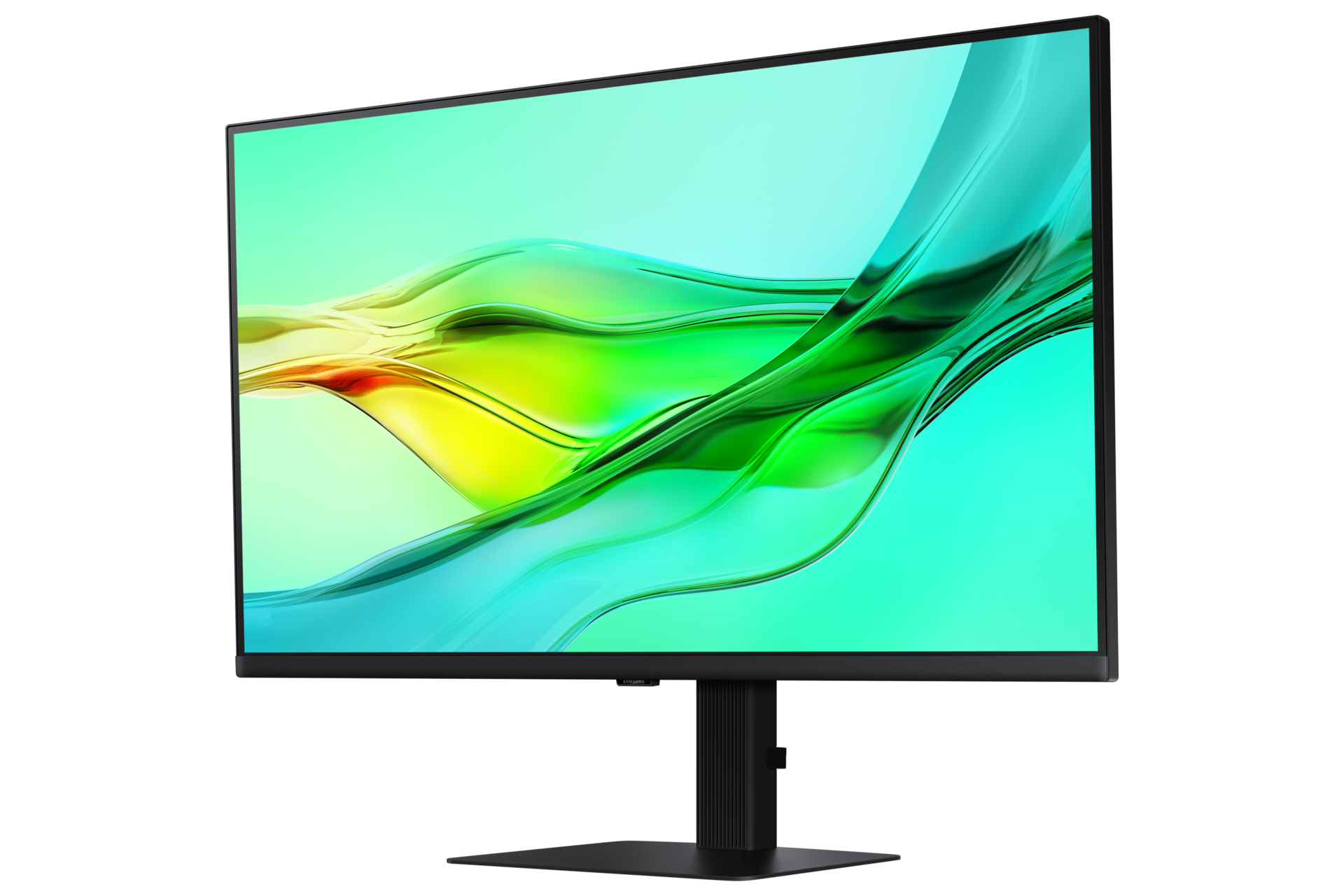 Vordere rechte Perspektive des 32-inch Samsung ViewFinity S60UD mit grüner Welle auf dem Bildschirm.