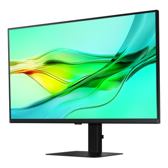 Vordere rechte Perspektive des 32-inch Samsung ViewFinity S60UD mit grüner Welle auf dem Bildschirm.