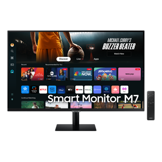 Vorderseite des 32-inch Samsung Smart Monitors M70D Der Bildschirm zeigt Smart TV-Apps und eine Fernbedienung.