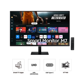 Vorderseite des 32-inch Samsung Smart Monitor M70D. Der Bildschirm zeigt Smart TV-Apps eine Fernbedienung und vier Symbole für die Funktionen von Smart TV-Apps, UHD, USB Type-C und IoT-Hub.