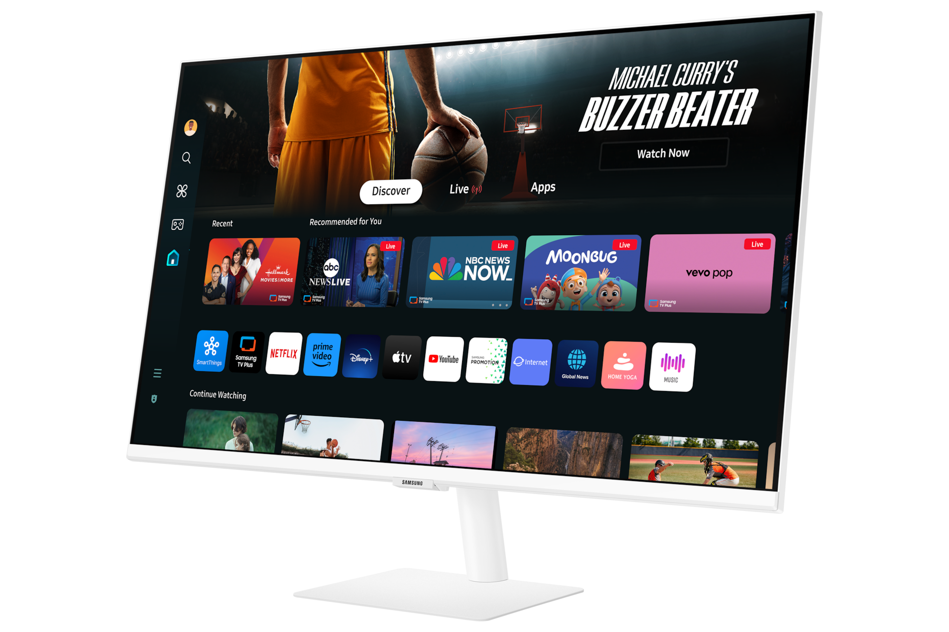 Vordere rechte Perspektive des 32-inch Samsung Smart Monitor M70D in White mit Smart TV-Apps auf dem Bildschirm.