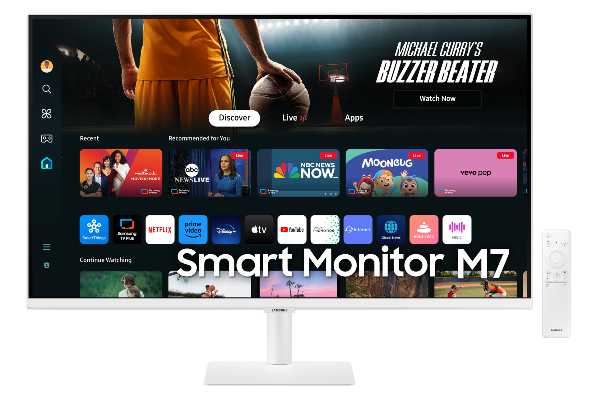 Vorderseite des 32-inch Samsung Smart Monitors M70D in der Farbe White. Der Bildschirm zeigt Smart TV-Apps und eine Fernbedienung.