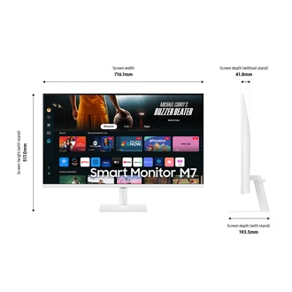 Abmessung des 32-inch Samsung Smart Monitors M70D in White  (965,5 x 629,3 x 247,2 mm) mit schwarzem Standfuss und einer Bildschirmtiefe von 25,7 mm ohne Standfuss.