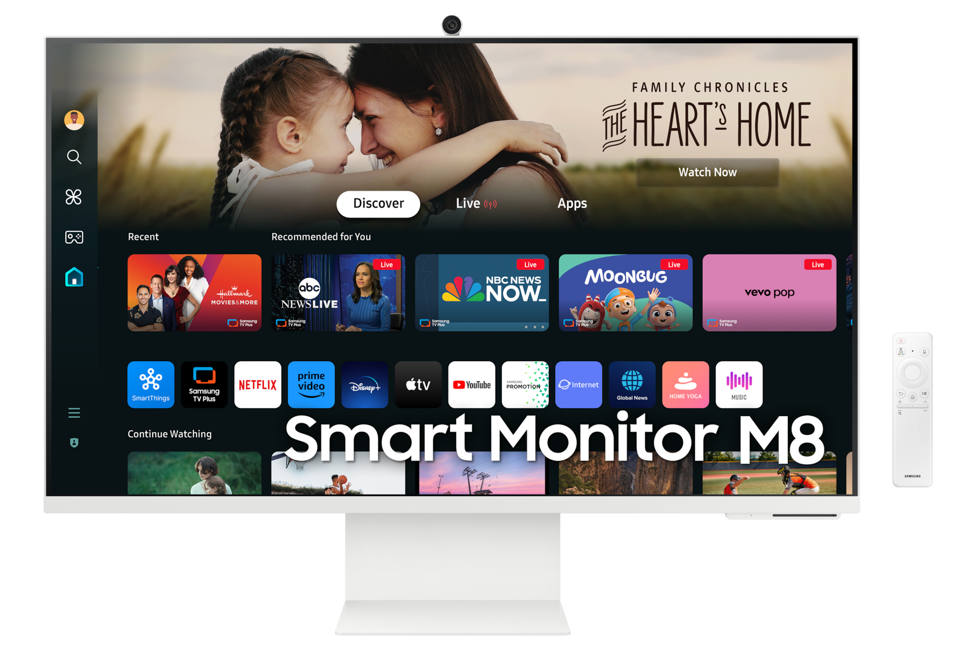 Vorderseite des Samsung Smart Monitor M80D. Der Bildschirm zeigt Smart TV-Apps, eine Slimfit-Kamera und eine Fernbedienung.
