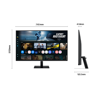 Dimensions of 32 inch Samsung Smart Monitor M7 (716.1 x 517.0 x 193.5 mm) with a stand, and screen depth of 41.8 mm without stand. Screen showing various content.