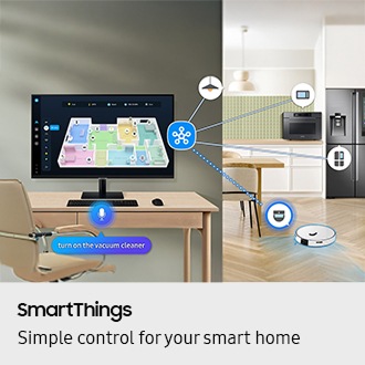 SmartThings. Simple control for your smart home. A monitor shows 3D Map View of home devices. Microwave, light bulb, refrigerator and vacuum cleaner connected to SmartThings icon. Microphone icon with dialogue bubble reading "turn on the vacuum cleaner." Vacuum cleaner turned on.