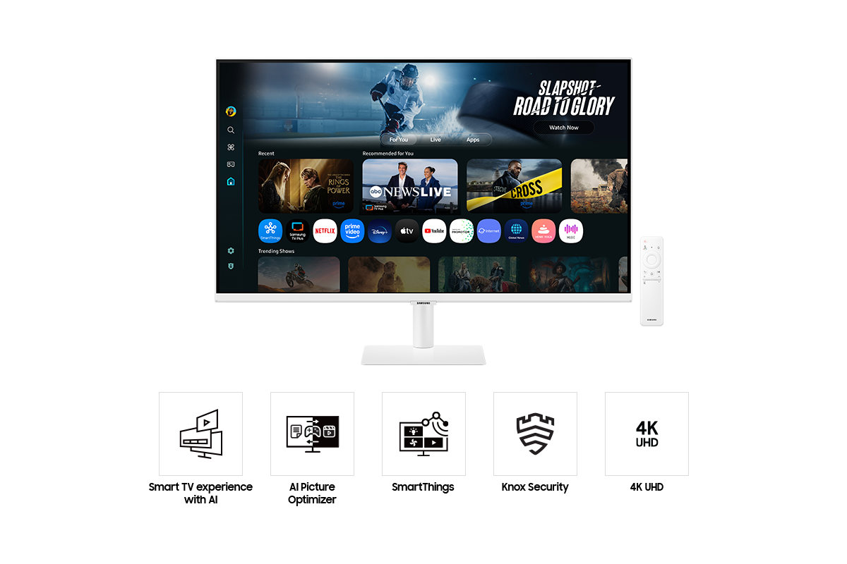 Front of 32 inch Samsung Smart Monitor M7 with the screen showing Smart TV Apps page with various content and apps lined up, and a remote control. Five icons for features about Smart TV experience with AI, AI Picture Optimizer, SmartThings, Knox Security, and 4K UHD.