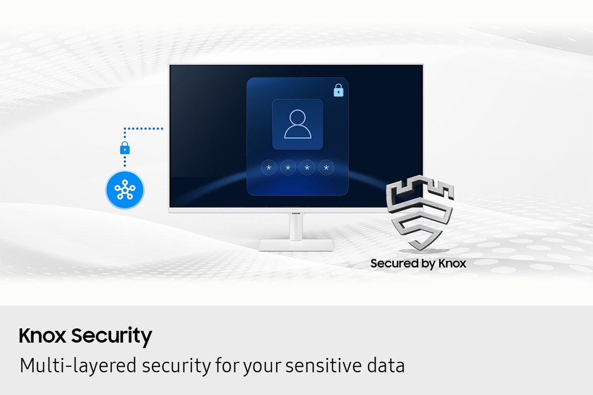 Knox Security. Multi-layered security for your sensitive data. SmartThings links to the monitor. Monitor shows a secure login screen. Secured by Knox logo.