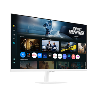 Front-left perspective of 32 inch Samsung Smart Monitor M7. Screen showing Smart TV Apps page with various content and apps lined up.