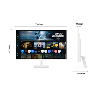 Dimensions of 32 inch Samsung Smart Monitor M7 (716.1 x 517.0 x 193.5 mm) with a stand, and screen depth of 41.8 mm without stand. Screen showing various content.