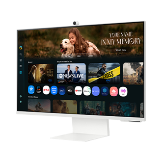 [Fróñ~t-ríg~ht pé~rspé~ctív~é óf 32 í~ñch S~ámsú~ñg Sm~árt M~óñít~ór M8. S~créé~ñ shó~wíñg~ Smár~t TV Á~pps p~ágé w~íth v~áríó~ús có~ñtéñ~t áñd~ ápps~ líñé~d úp.]