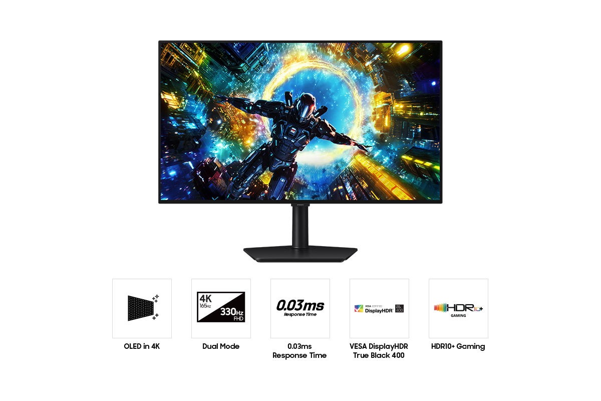 Vorderseite des Samsung Odyssey OLED G7. Fünf Symbole für Funktionen rund um OLED in 4K, Dual-Modus, 0,03 ms Reaktionszeit, VESA DisplayHDR True Black 400 und HDR10+ Gaming.