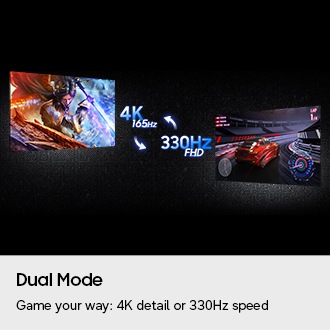 Dual-Modus. Spiele ganz nach deinem Geschmack: 4K-Detailgenauigkeit oder 330 Hz Bildwiederholfrequenz. Auf zwei Bildschirmen werden unterschiedliche Spiele angezeigt. Ein Spiel wird in 4K und mit 165 Hz dargestellt, das andere in FHD und mit 330 Hz.