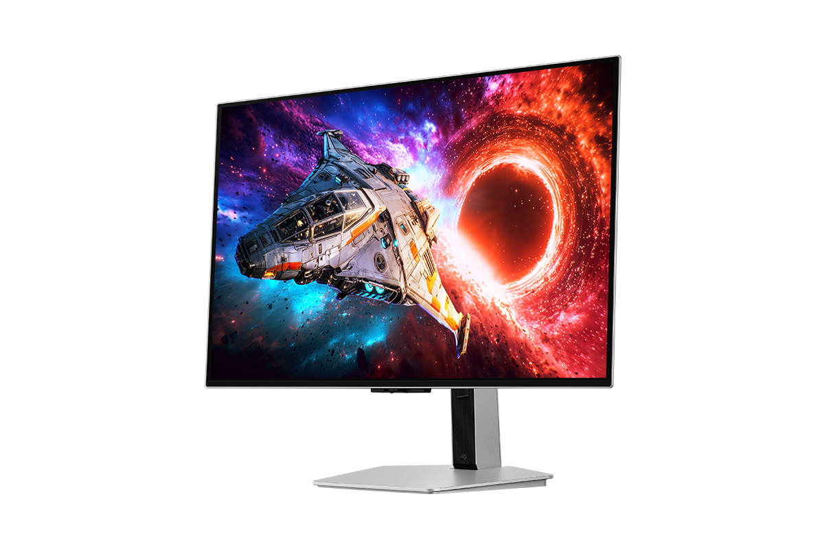 Ansicht von vorne rechts des 32-Zoll-Modells Samsung Odyssey OLED G8. Auf dem Bildschirm ist ein Raumschiff zu sehen, das aus dem Portal fliegt.