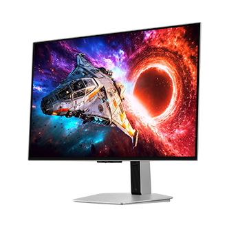 Ansicht von vorne rechts des 32-Zoll-Modells Samsung Odyssey OLED G8. Auf dem Bildschirm ist ein Raumschiff zu sehen, das aus dem Portal fliegt.