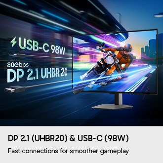 DP 2.1 (UHBR20) & USB-C (98 W). Schnelle Verbindungen für flüssigeres Gameplay. Eine Figur auf einem Motorrad rast vom Bildschirm. USB-C 98 W. 80 Gbit/s. DP 2.1 UHBR 20.