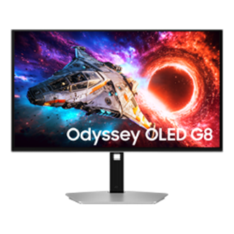 Vorderseite des 32-Zoll-Samsung-Odyssey-OLED-G8. Auf dem Bildschirm ist ein Raumschiff zu sehen, das aus dem Portal fliegt.