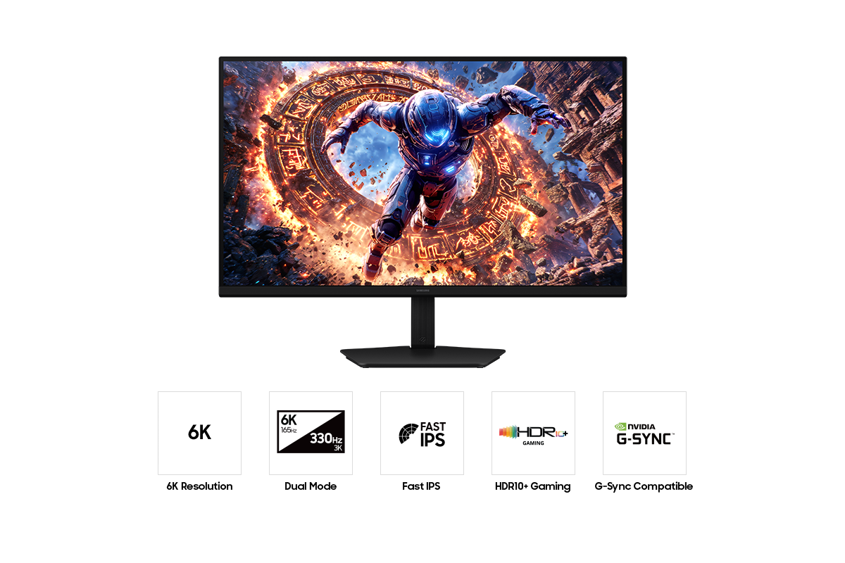 Vorderseite des Samsung Odyssey G8. Fünf Symbole für Funktionen wie 6K-Auflösung, Dual-Modus, Fast IPS, HDR10+ Gaming und G-Sync-Kompatibilität.