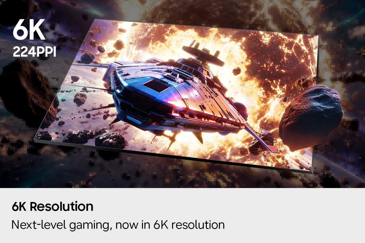 6K-Auflösung. Gaming der nächsten Generation. Jetzt in 6K. Monochrome Pixel fügen sich zu einem lebendigen Bild eines Raumschiffs zusammen. 6K. 224 PPI.