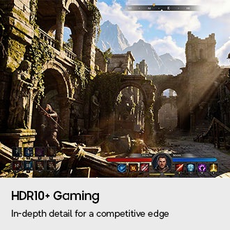 HDR10+ Gaming. Detaillierte Darstellung für einen Wettbewerbsvorteil. Eine rustikale Spielumgebung mit dunklen Bereichen wird aus der Ego-Perspektive gezeigt. Charakterinformationen und die Questliste werden am unteren Bildschirmrand angezeigt.