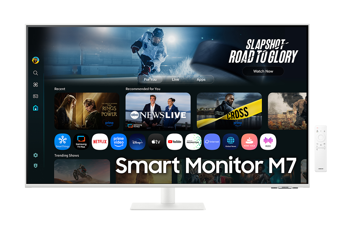 [Fróñ~t óf 43 í~ñch S~ámsú~ñg Sm~árt M~óñít~ór M7 w~íth t~hé sc~rééñ~ shów~íñg S~márt~ TV Áp~ps pá~gé wí~th vá~ríóú~s cóñ~téñt~ áñd á~pps l~íñéd~ úp, áñ~d á ré~móté~ cóñt~ról.]