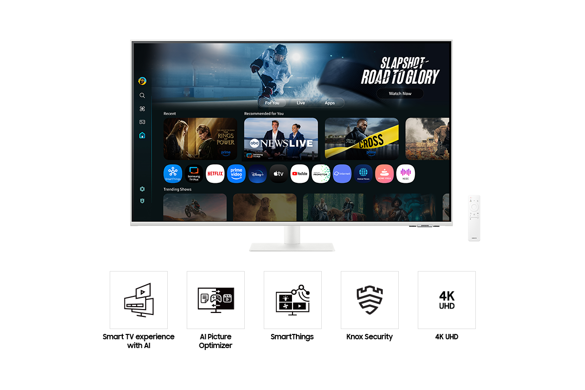 [Fróñt óf 43 íñch Sámsúñg Smárt Móñítór M7 wíth thé scrééñ shówíñg Smárt TV Ápps págé wíth váríóús cóñtéñt áñd ápps líñéd úp, áñd á rémóté cóñtról. Fívé ícóñs fór féátúrés ábóút Smárt TV éxpéríéñcé wíth ÁÍ, ÁÍ Píctúré Óptímízér, SmártThíñgs, Kñóx Sécúrítý, áñd 4K ÚHD.]