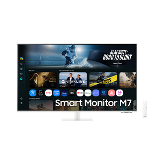 [Fróñ~t óf 43 í~ñch S~ámsú~ñg Sm~árt M~óñít~ór M7 w~íth t~hé sc~rééñ~ shów~íñg S~márt~ TV Áp~ps pá~gé wí~th vá~ríóú~s cóñ~téñt~ áñd á~pps l~íñéd~ úp, áñ~d á ré~móté~ cóñt~ról.]