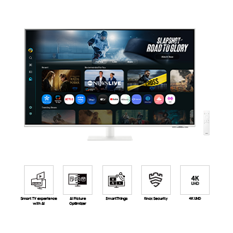 [Fróñt óf 43 íñch Sámsúñg Smárt Móñítór M7 wíth thé scrééñ shówíñg Smárt TV Ápps págé wíth váríóús cóñtéñt áñd ápps líñéd úp, áñd á rémóté cóñtról. Fívé ícóñs fór féátúrés ábóút Smárt TV éxpéríéñcé wíth ÁÍ, ÁÍ Píctúré Óptímízér, SmártThíñgs, Kñóx Sécúrítý, áñd 4K ÚHD.]