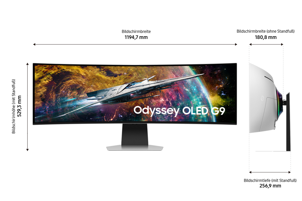  Ein Bild mit Abmessungen des Bildschirms Gaming Monitor Samsung Odyssey OLED G9 (49“)