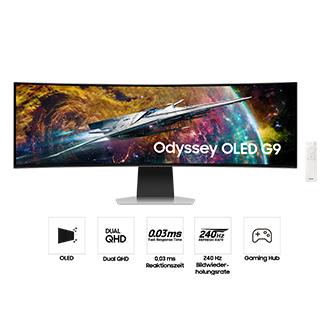 Ein Bild mit Key Highlights des Bildschirms Gaming Monitor Samsung Odyssey OLED G9 (49“)