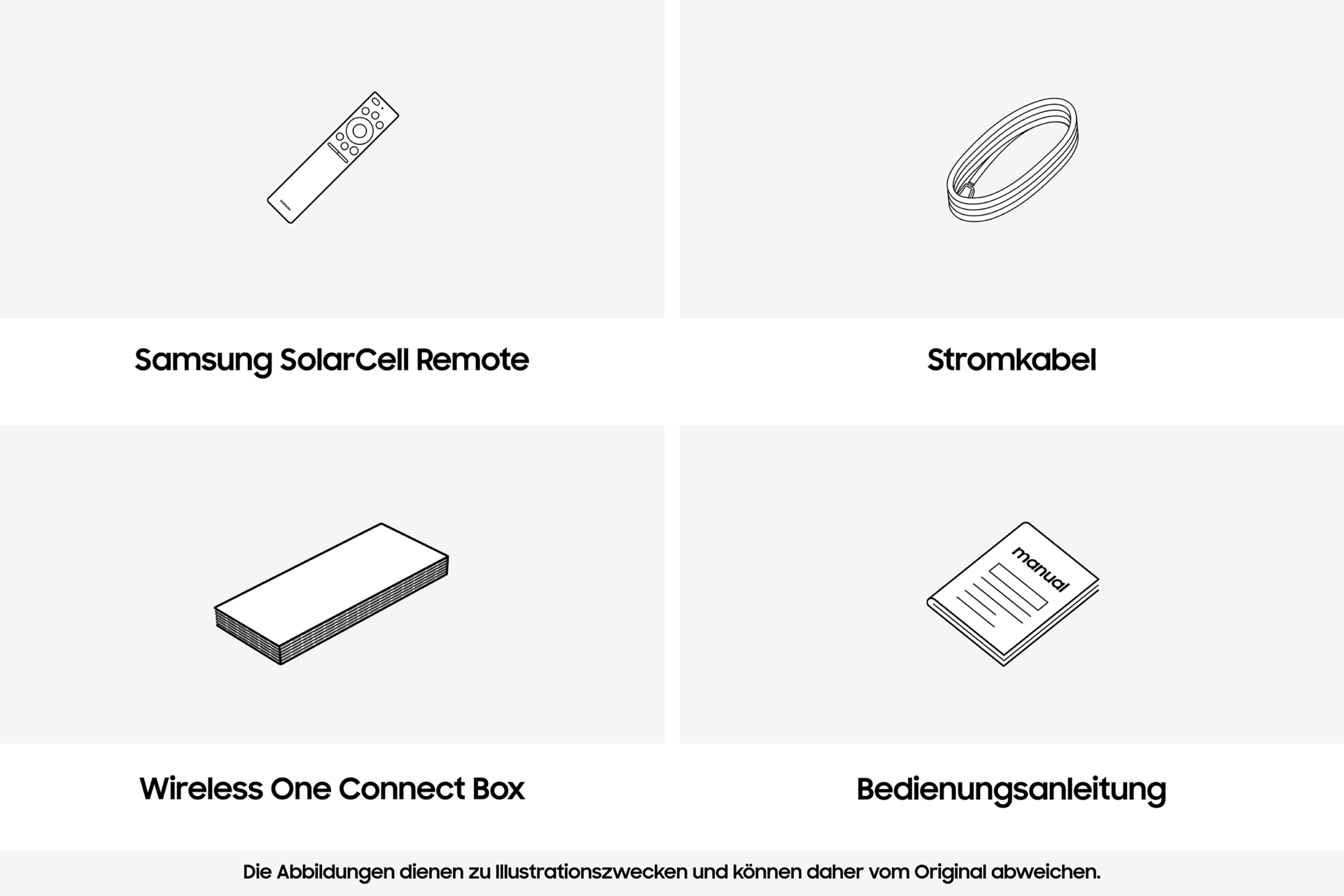 Abbildung einer Samsung SolarCell-Fernbedienung, eines Netzkabels und einer Bedienungsanleitung.
