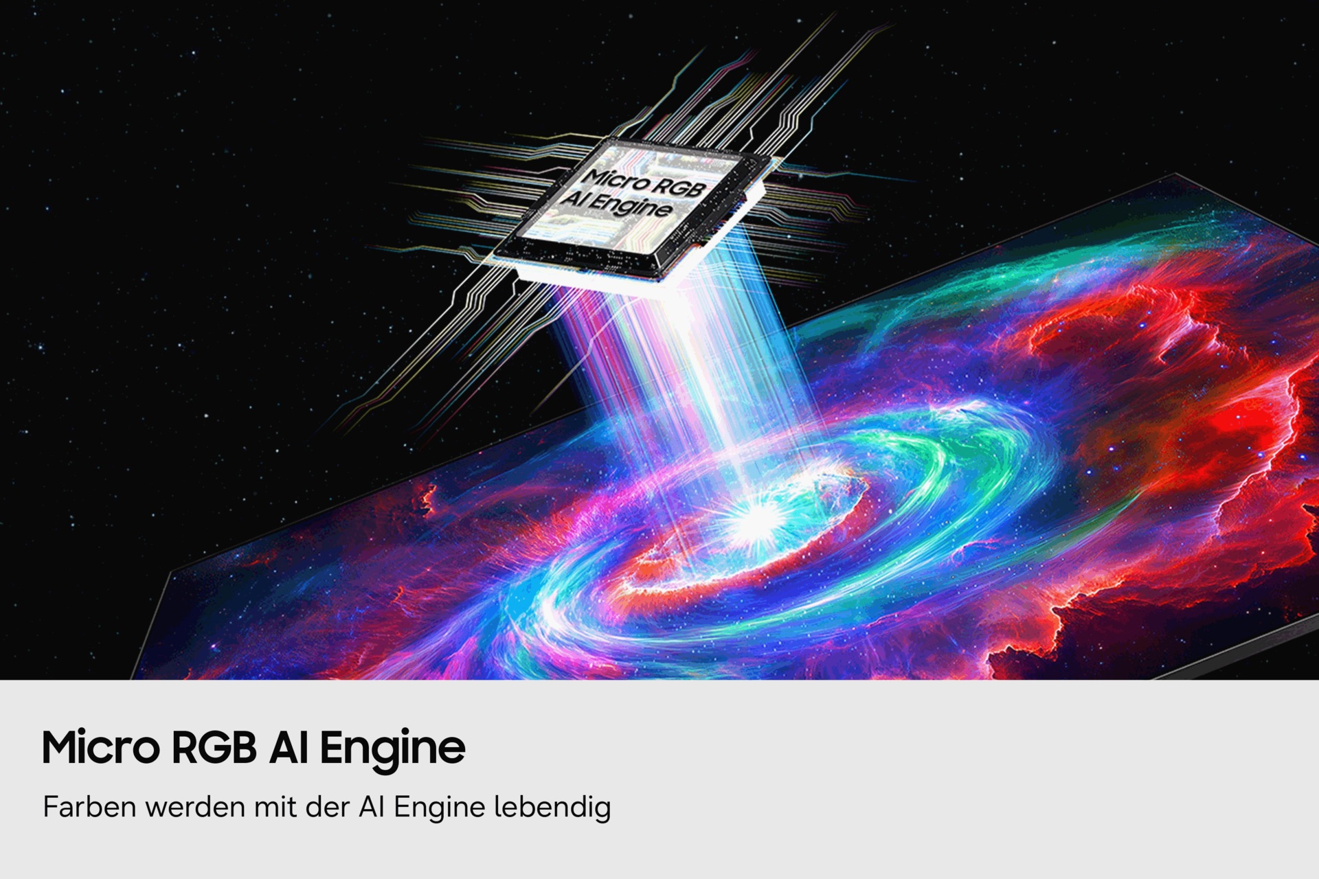 Ein futuristisches Kunstwerk, das einen Mikrochip mit der Aufschrift „Micro RGB AI Engine“ zeigt, projiziert leuchtende, wirbelnde kosmische Farben auf einen Bildschirm