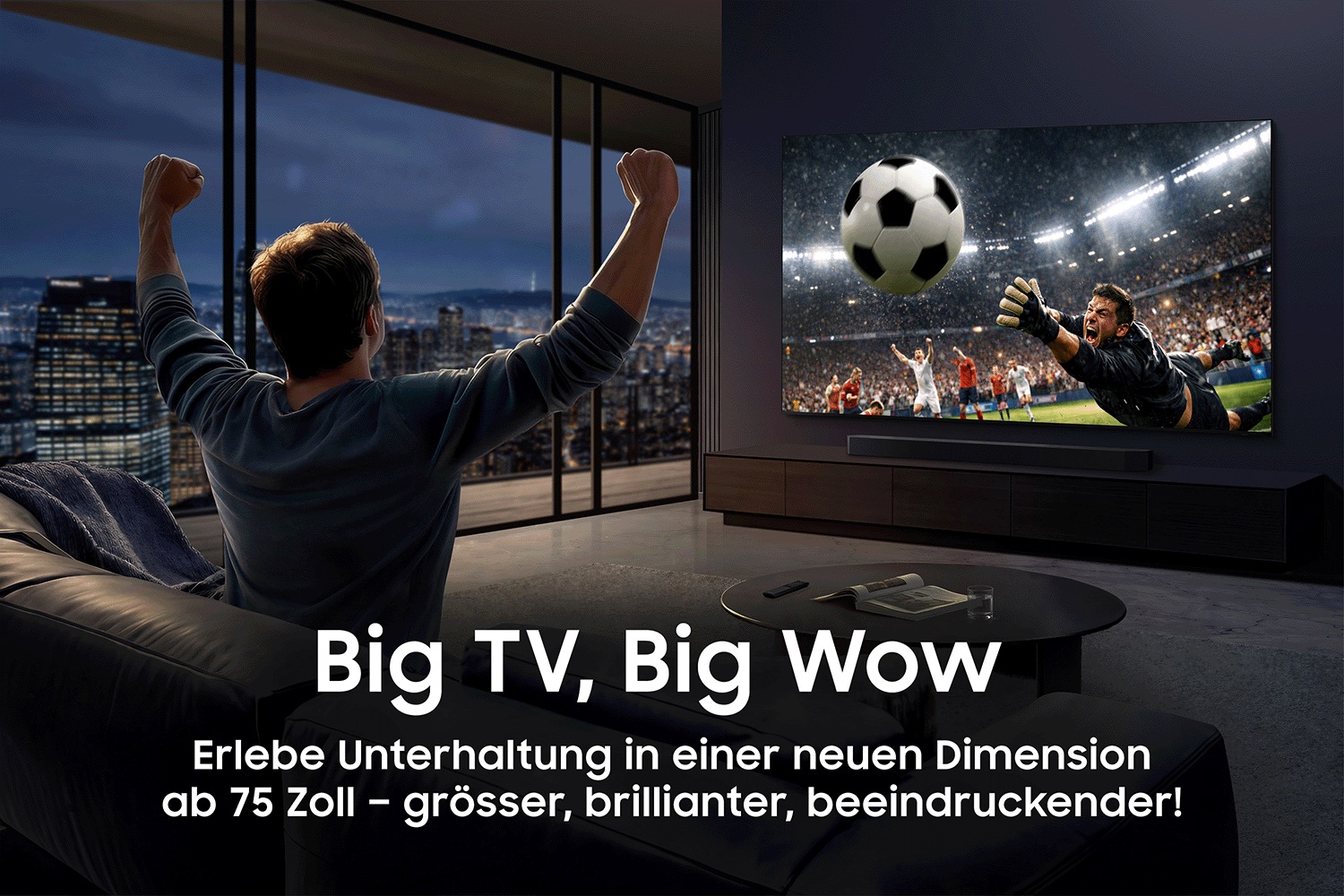 Eine Person sieht sich in einem stilvollen Wohnzimmer ein spannendes Fussballspiel auf einem grossen Fernseher an und reckt jubelnd die Arme in die Höhe. Text: „Grosser Fernseher, grosses Wow.“
