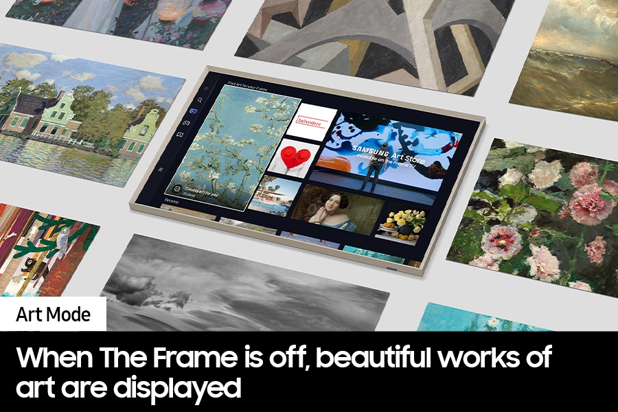 In der Mitte wird die Seite des Art Store von The Frame angezeigt. Rundherum befinden sich viele Kunstwerke, die im Art Store zu finden sind.