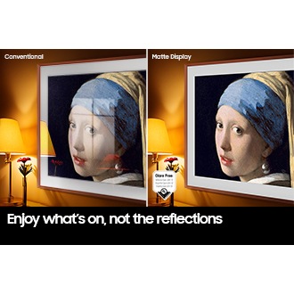 Der konventionelle Bildschirm zeigt Kunstwerke voller Reflexionen. Das Matte Display zeigt das gleiche Gemälde blendfrei an. Das UL-geprüfte Glare-Free-Logo wird mit Reflection Glare UGR<10, Discomfort Glare UGR<22, Disability Glare UGR<34 angezeigt.