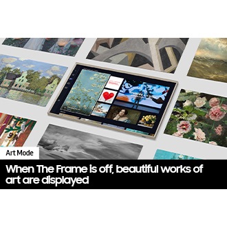 In der Mitte wird die Seite des Art Store von The Frame angezeigt. Rundherum befinden sich viele Kunstwerke, die im Art Store zu finden sind.