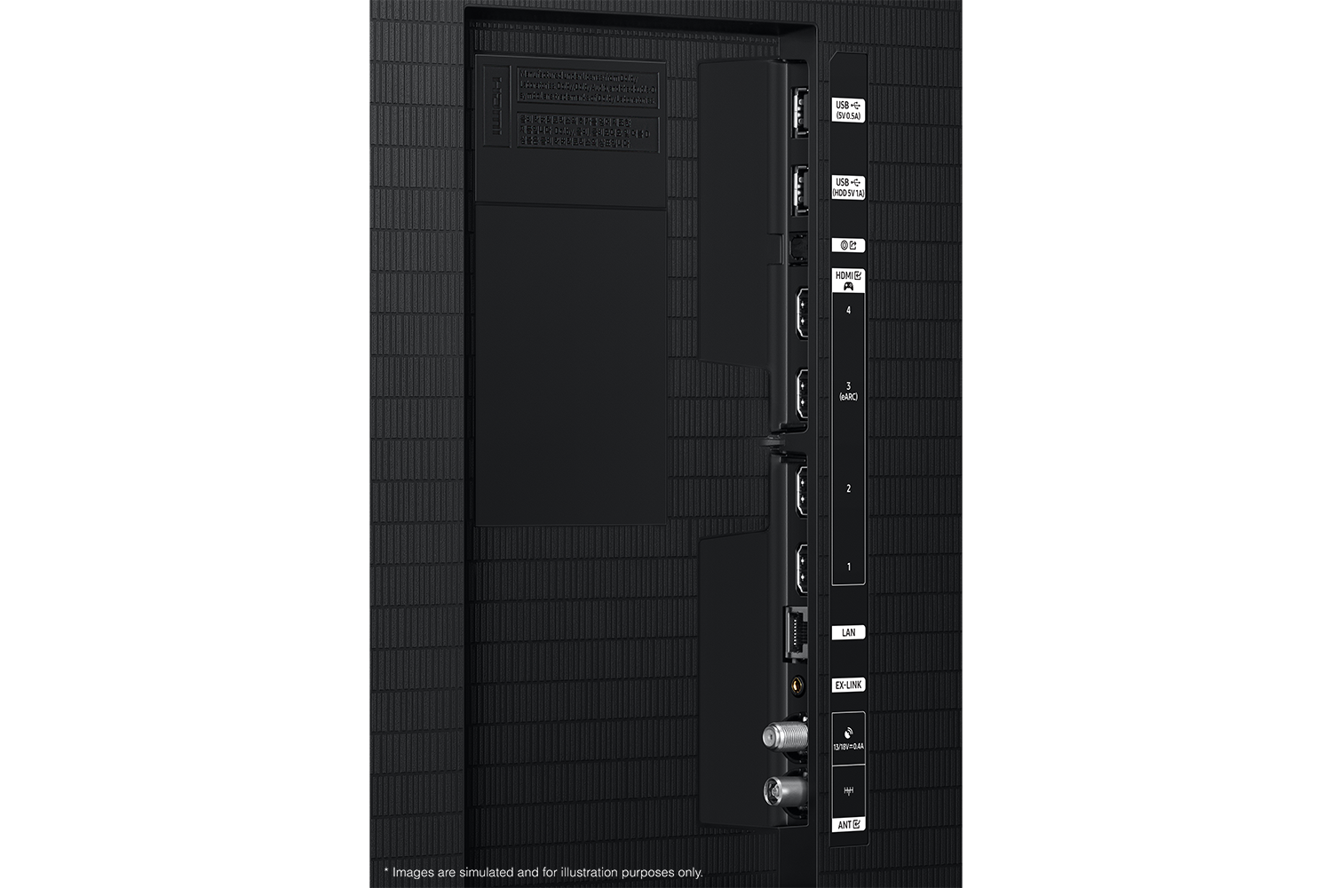 Wireless one Connect Box mit mehreren Anschlüssen, darunter HDMI, LAN und USB. Eine Nahaufnahme zeigt zwei USB-Anschlüsse mit den Bezeichnungen „HDD 5V1A“ und „5V 0,5A“.