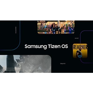 A Samsung Tizen OS screen displays content options.