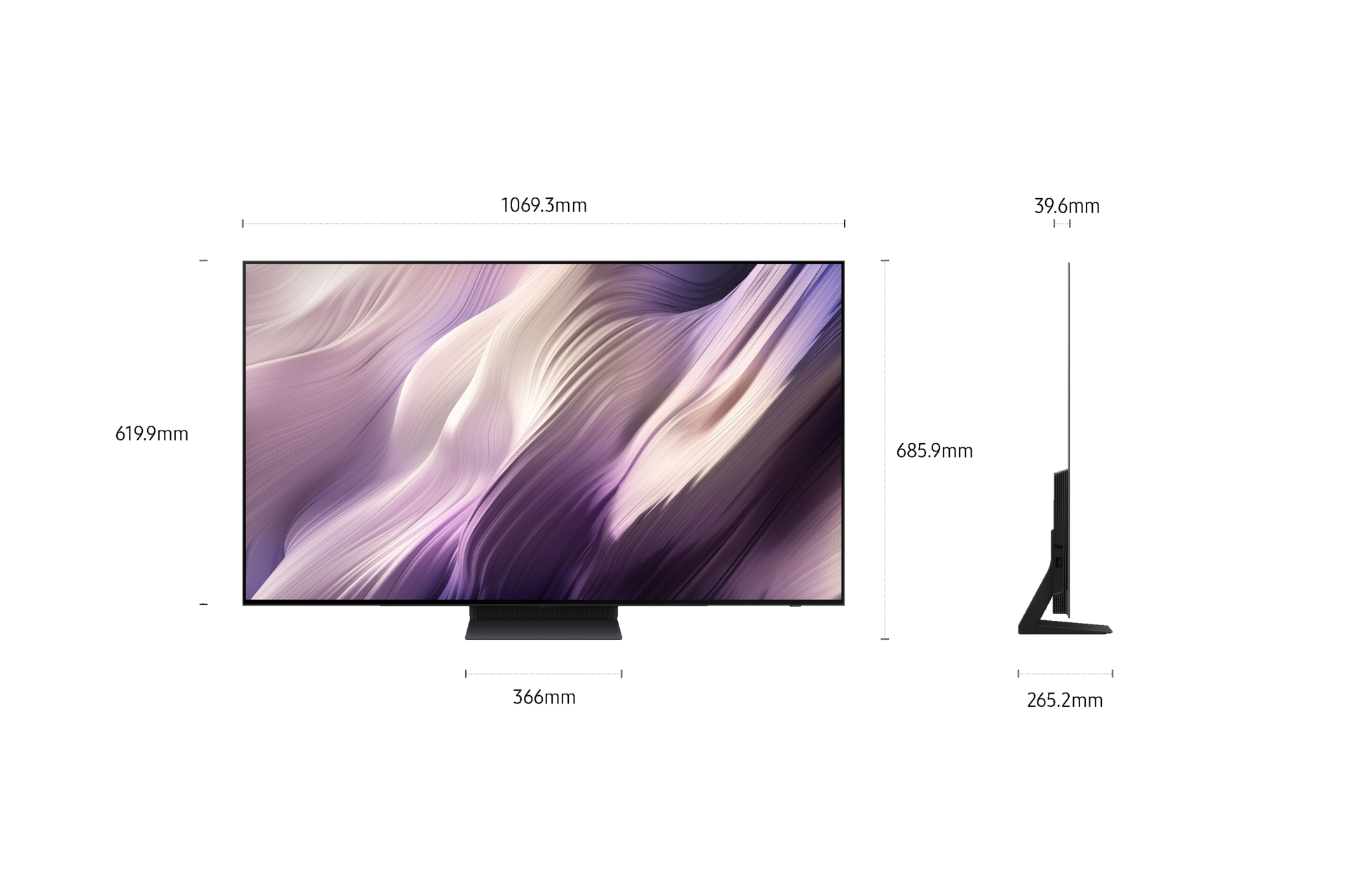 OLED S95H deren Abmessungen eingeblendet sind. 