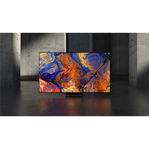 Color graphic is on display on a OLED TV screen.