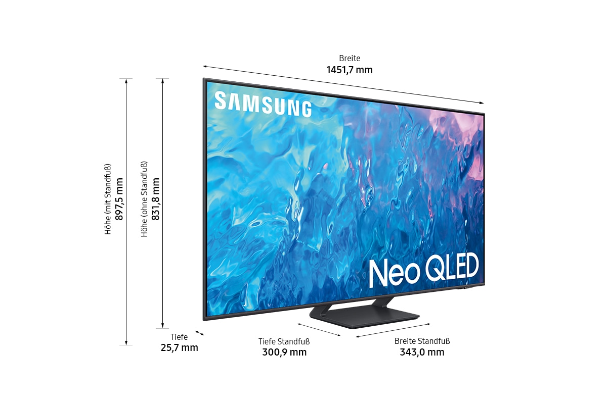 Abmessungen des Samsung QLED TV QE65Q70CATXXN Q70C mit Gray Center Stand