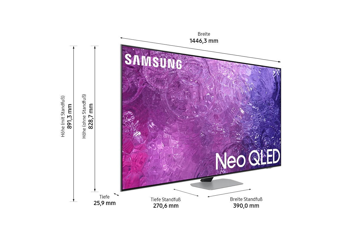 Dimension of Samsung Neo QLED TV QN90C with silver sharp neck hexagon stand