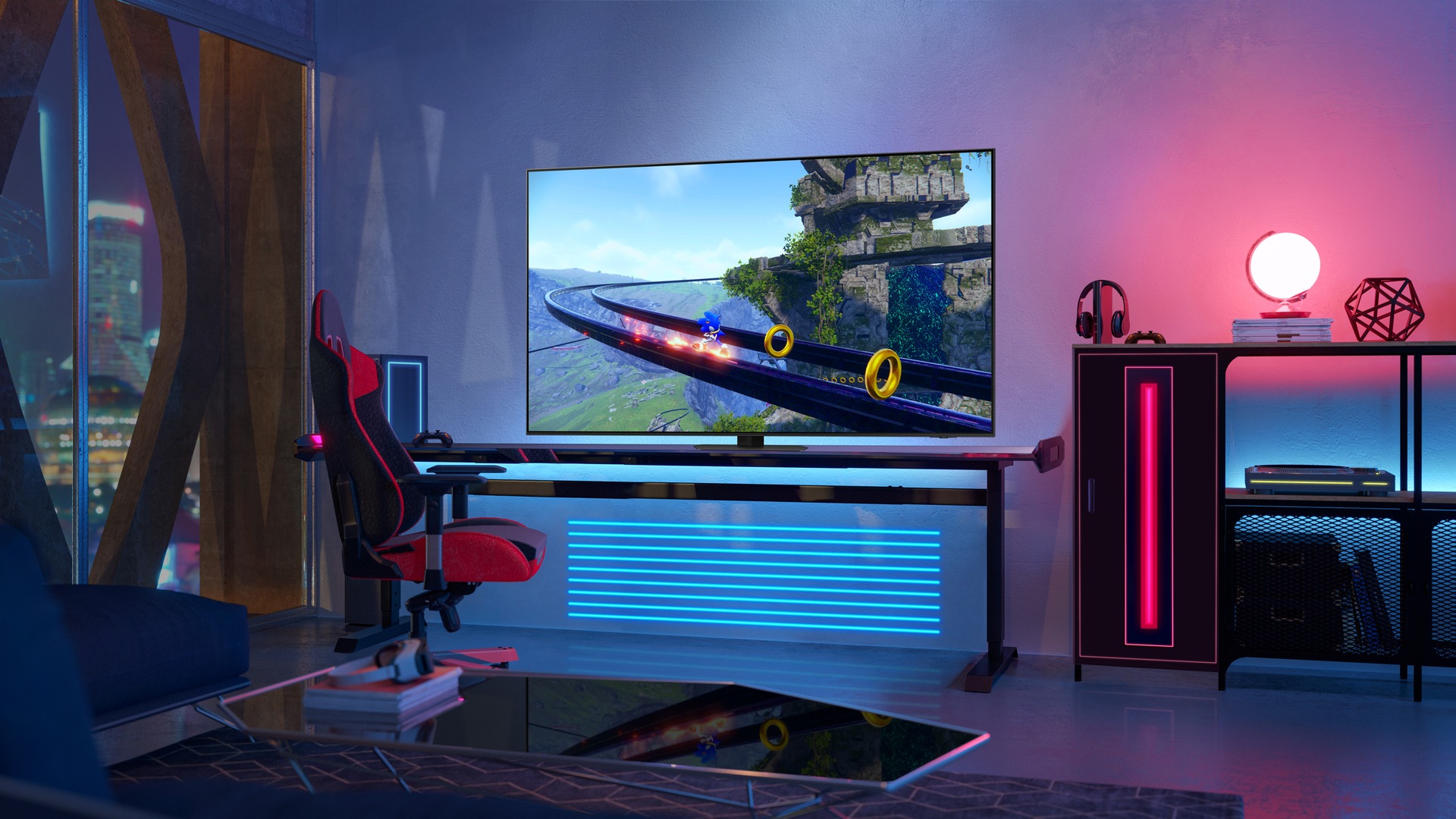  A NEO QLED TV is displaying gaming graphic in a room. 