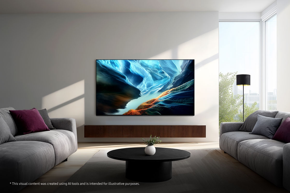 Ein modernes Wohnzimmer mit grauen Sofas, violetten Kissen und einem runden schwarzen Couchtisch. Auf einem Samsung OLED TV ist ein lebhaftes abstraktes Landschaftsbild zu sehen.