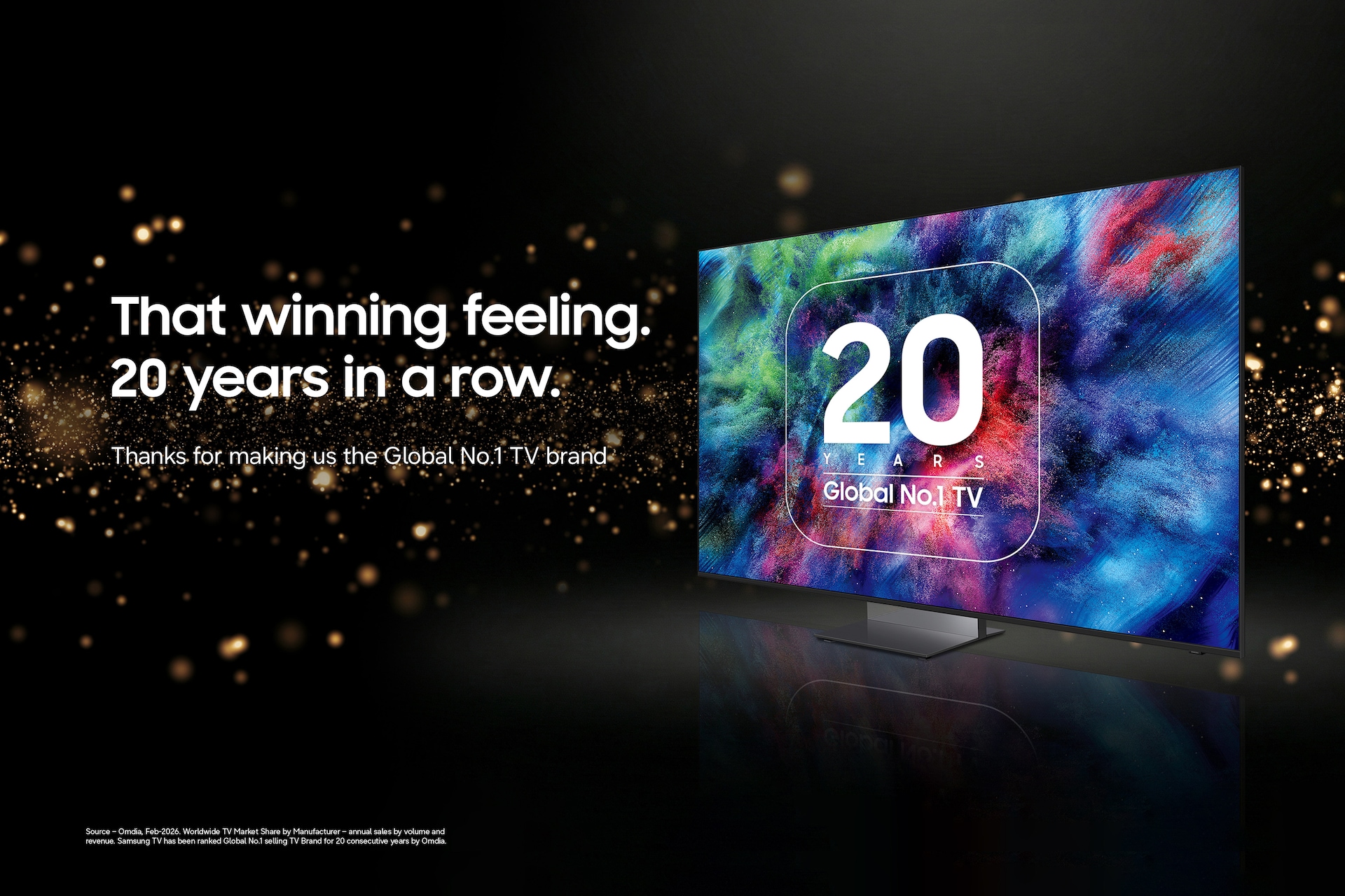 Feierlicher Fernsehspot mit dem Text: „Dieses Gefühl des Sieges. 20 Jahre in Folge.“ Zeigt einen bunten Fernsehbildschirm vor schwarzem Hintergrund mit goldenen Glitzerpartikeln.
