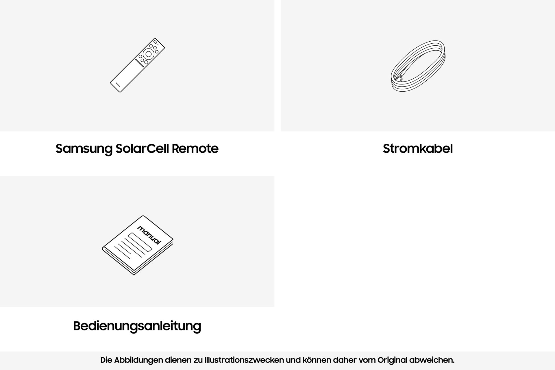 Abbildung einer Samsung SolarCell-Fernbedienung, eines Netzkabels und einer Bedienungsanleitung mit der Aufschrift „Bedienungsanleitung“.
